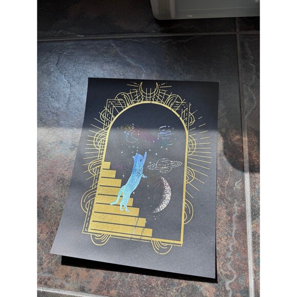 “Curiosity Rift” Cat & Galaxy Portal Foil Art Print (Gold + Holographic Silver) - Picture 1 of 2